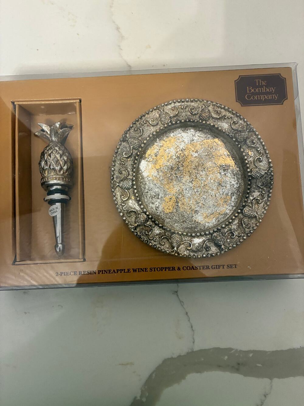 The Bombay Company Two Piece Resin Pineapple Wine Stopper & Coaster Gift Set